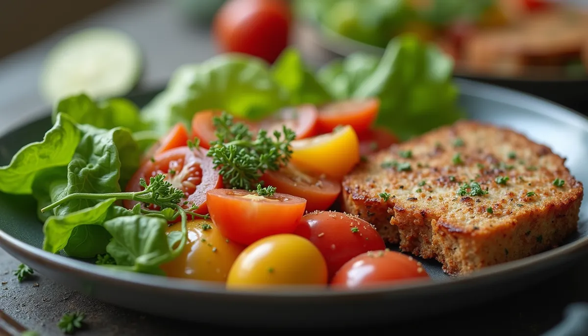 eye-level view of a balanced meal with vegetables and protein